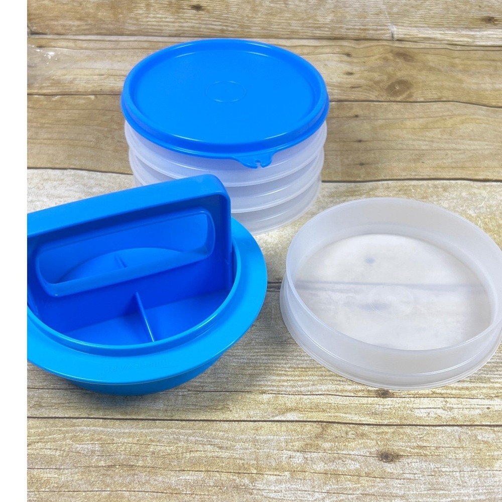 Tupperware Hamburger Press & Keepers Set  Large Patty Mold & Storage Blue